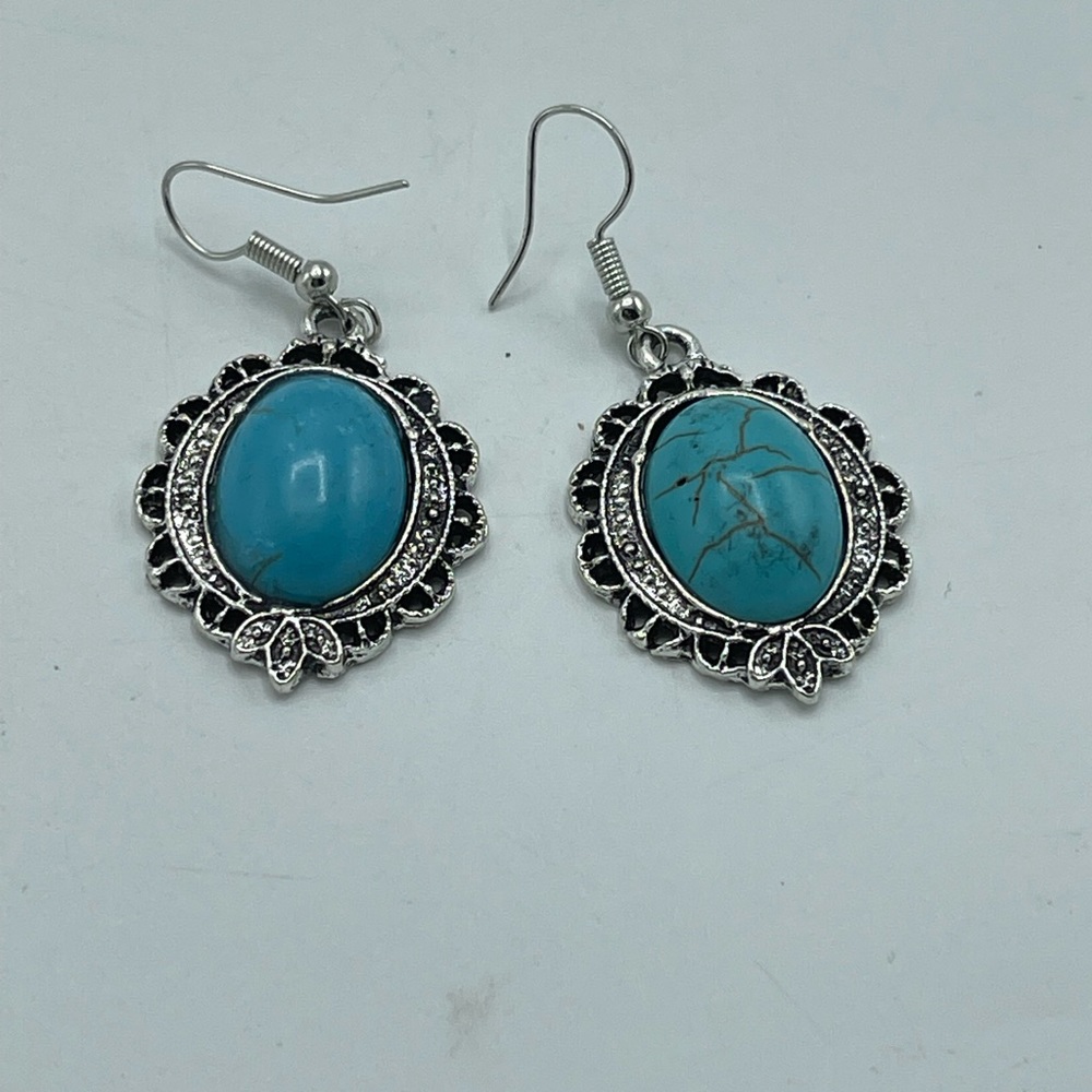 Turquoise and Silver metal earrings western boho dangle